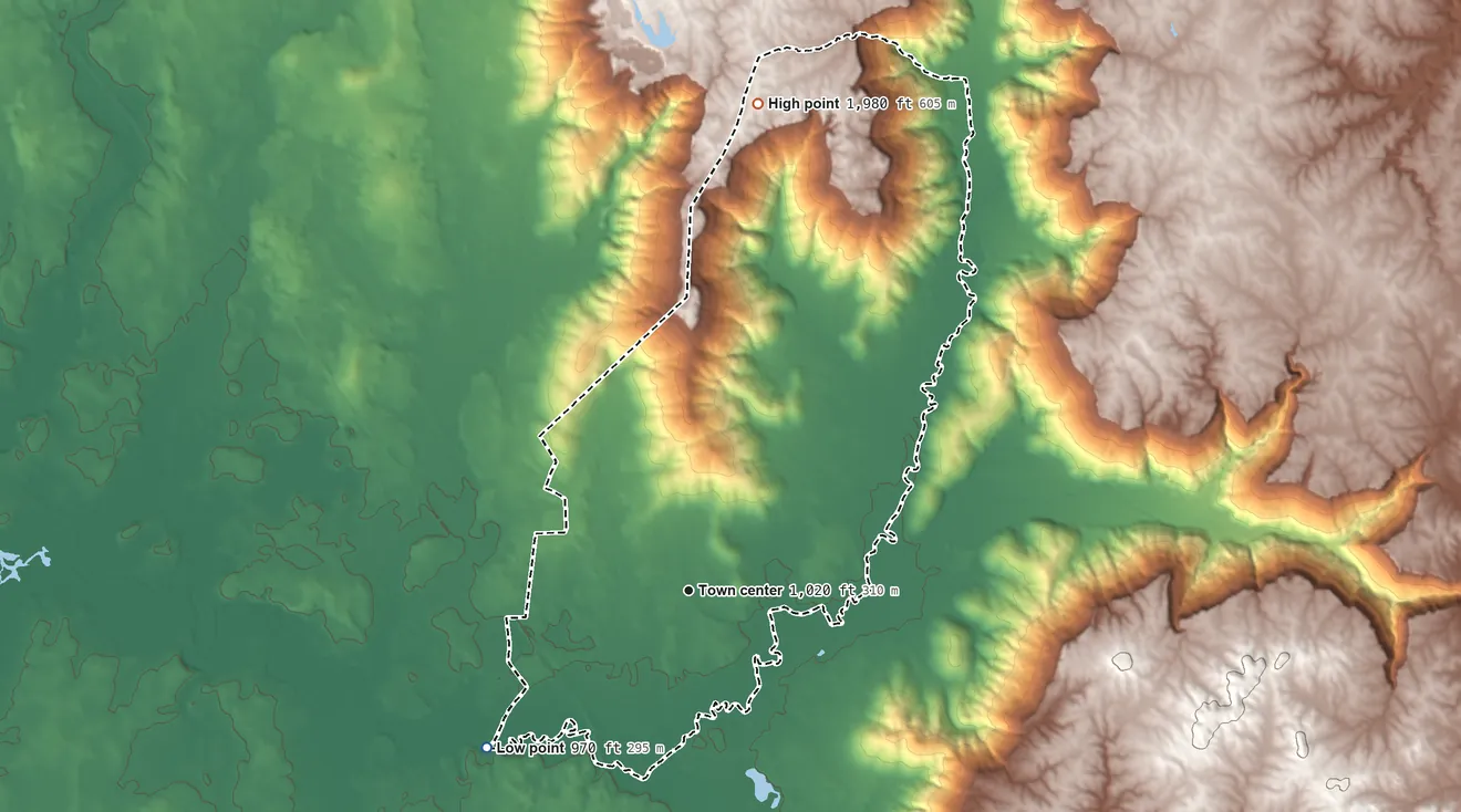 Topographic elevation map of Pelham, Tennessee, shaded from 970 ft on the southwest side to 1,980 ft on the north side