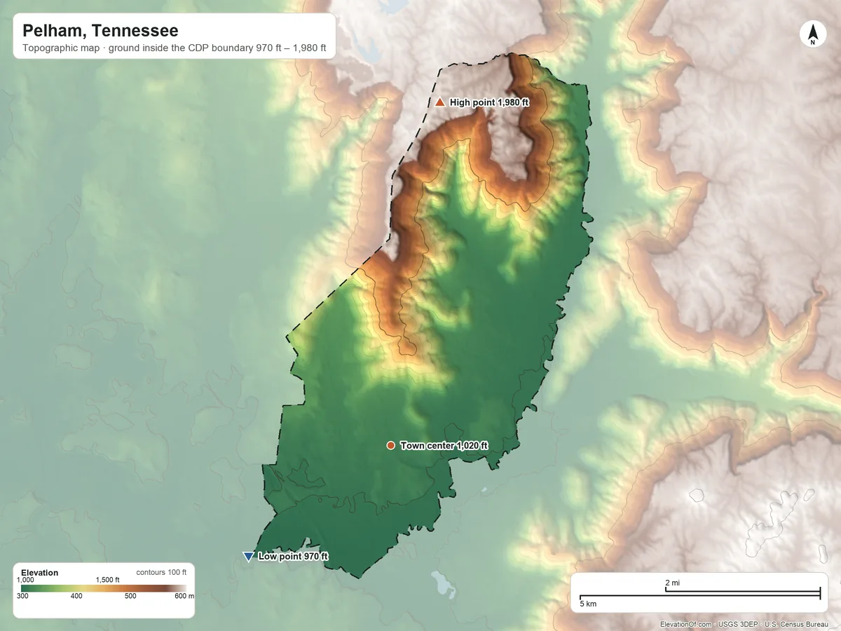 Topographic elevation map of Pelham, Tennessee, shaded from 970 ft on the southwest side to 1,980 ft on the north side