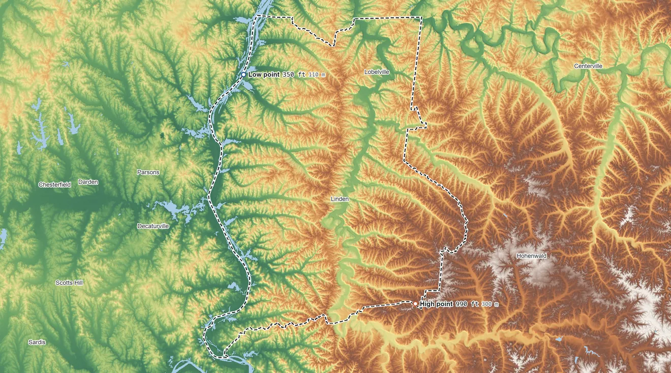 Topographic elevation map of Perry County, Tennessee, shaded from 350 ft on the northwest side to 990 ft on the southeast side