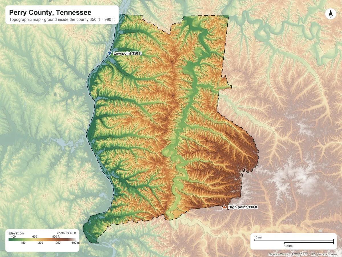 Topographic elevation map of Perry County, Tennessee, shaded from 350 ft on the northwest side to 990 ft on the southeast side