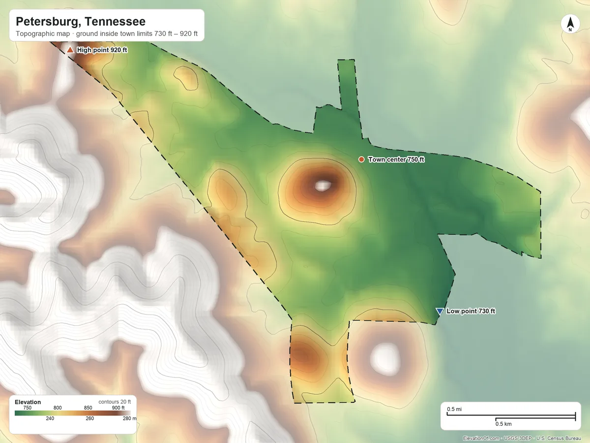 Topographic elevation map of Petersburg, Tennessee, shaded from 730 ft on the southeast side to 920 ft on the west side