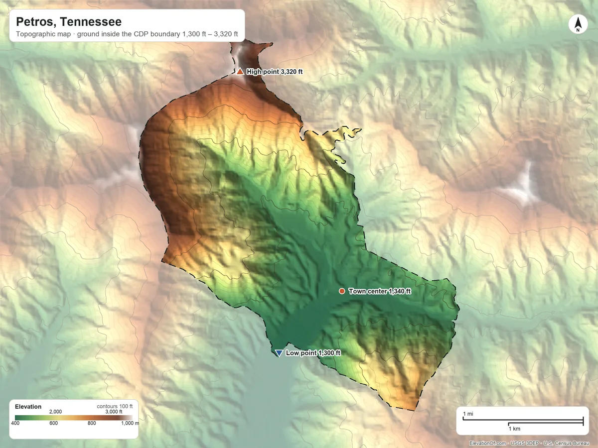 Topographic elevation map of Petros, Tennessee, shaded from 1,300 ft on the southwest side to 3,320 ft on Frozen Head