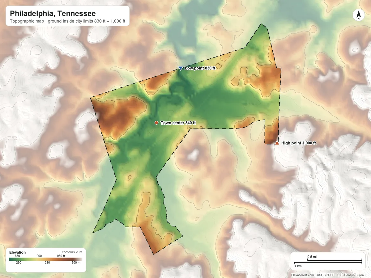 Topographic elevation map of Philadelphia, Tennessee, shaded from 830 ft on the northeast side to 1,000 ft on the east side