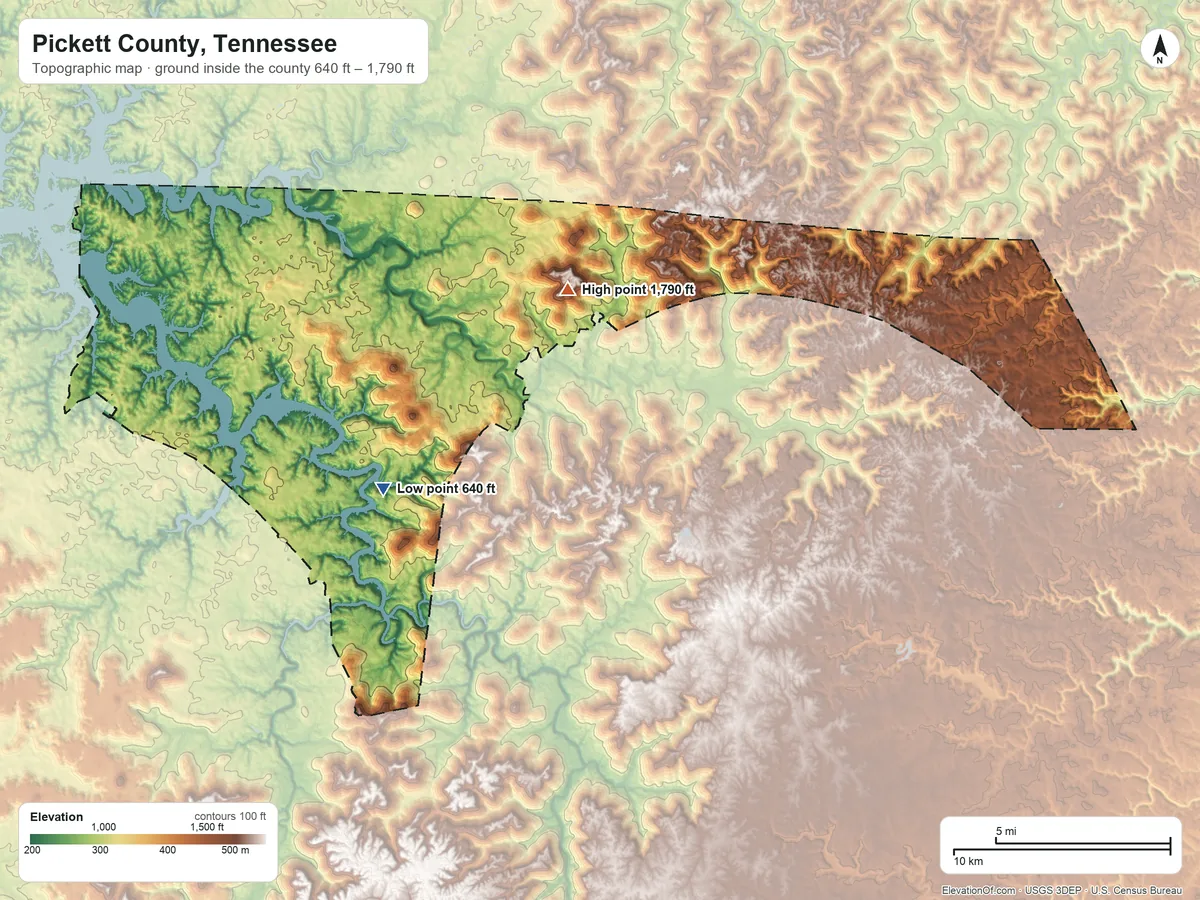 Topographic elevation map of Pickett County, Tennessee, shaded from 640 ft on the west side to 1,790 ft on Golman Mountain
