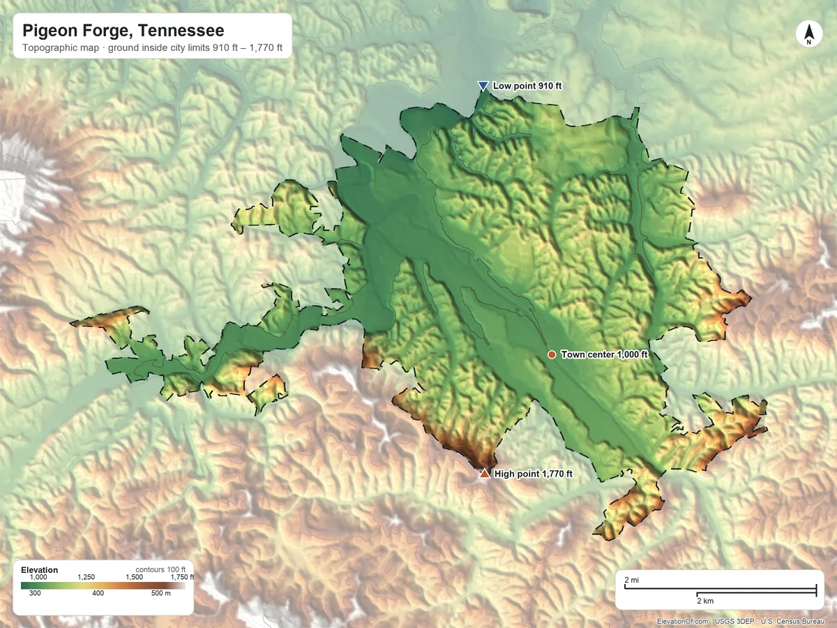 Topographic elevation map of Pigeon Forge, Tennessee, shaded from 910 ft on the north side to 1,770 ft on the southwest side