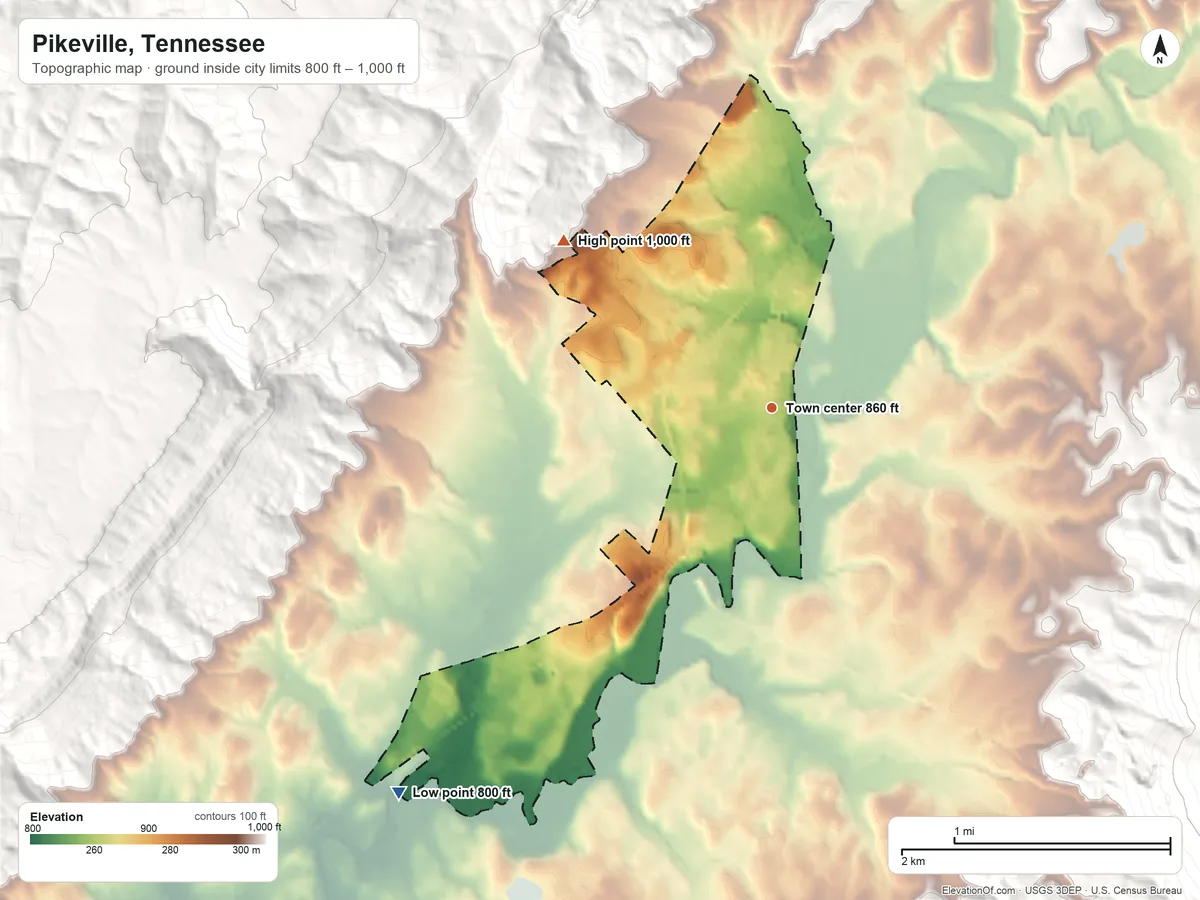 Topographic elevation map of Pikeville, Tennessee, shaded from 800 ft on the southwest side to 1,000 ft on the northwest edge, below higher ground just outside