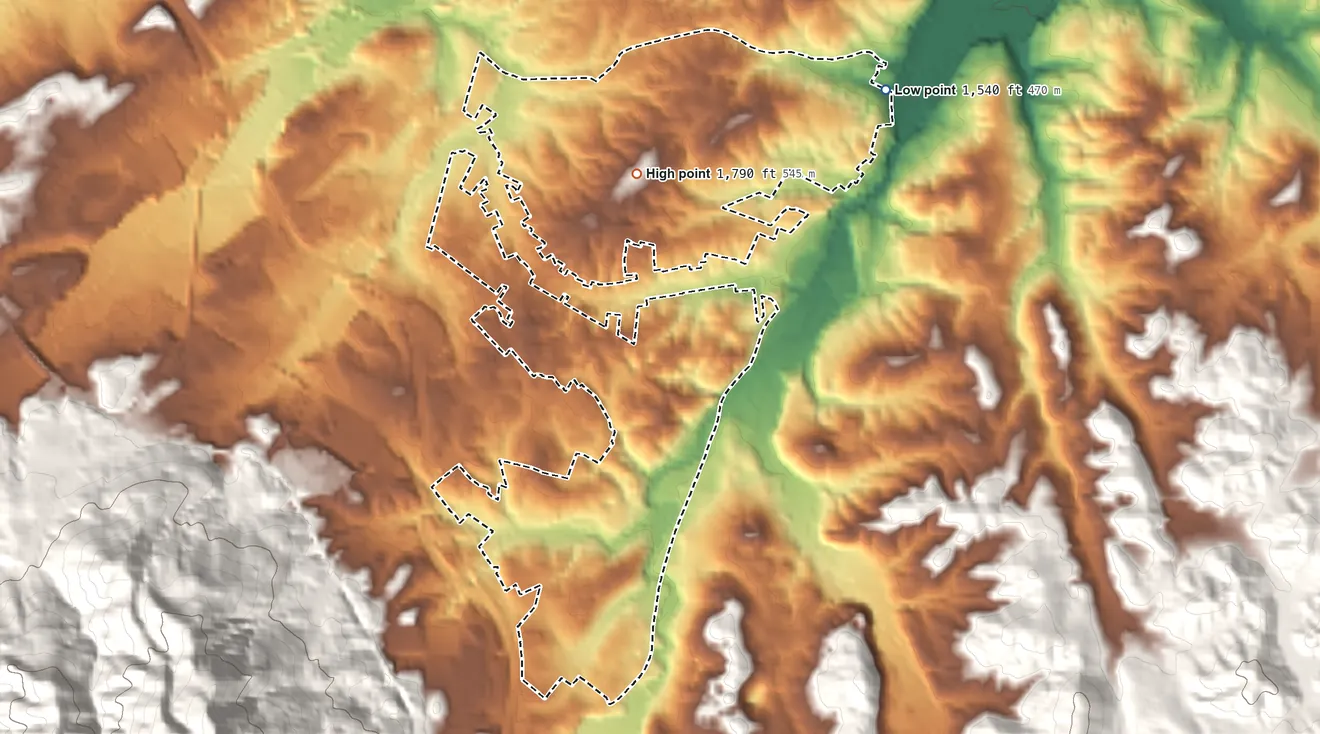 Topographic elevation map of Pine Crest, Tennessee, shaded from 1,540 ft on the northeast side to 1,790 ft on the north side