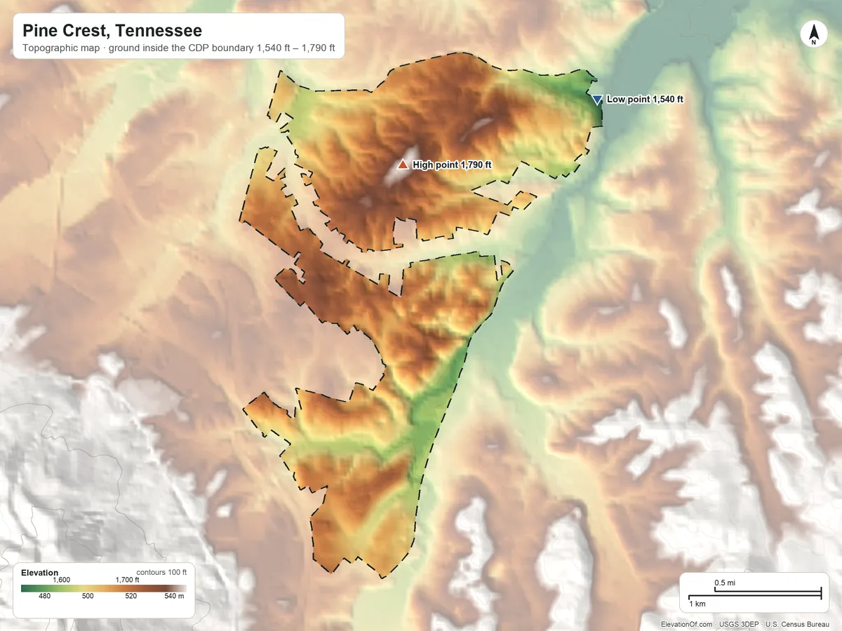 Topographic elevation map of Pine Crest, Tennessee, shaded from 1,540 ft on the northeast side to 1,790 ft on the north side