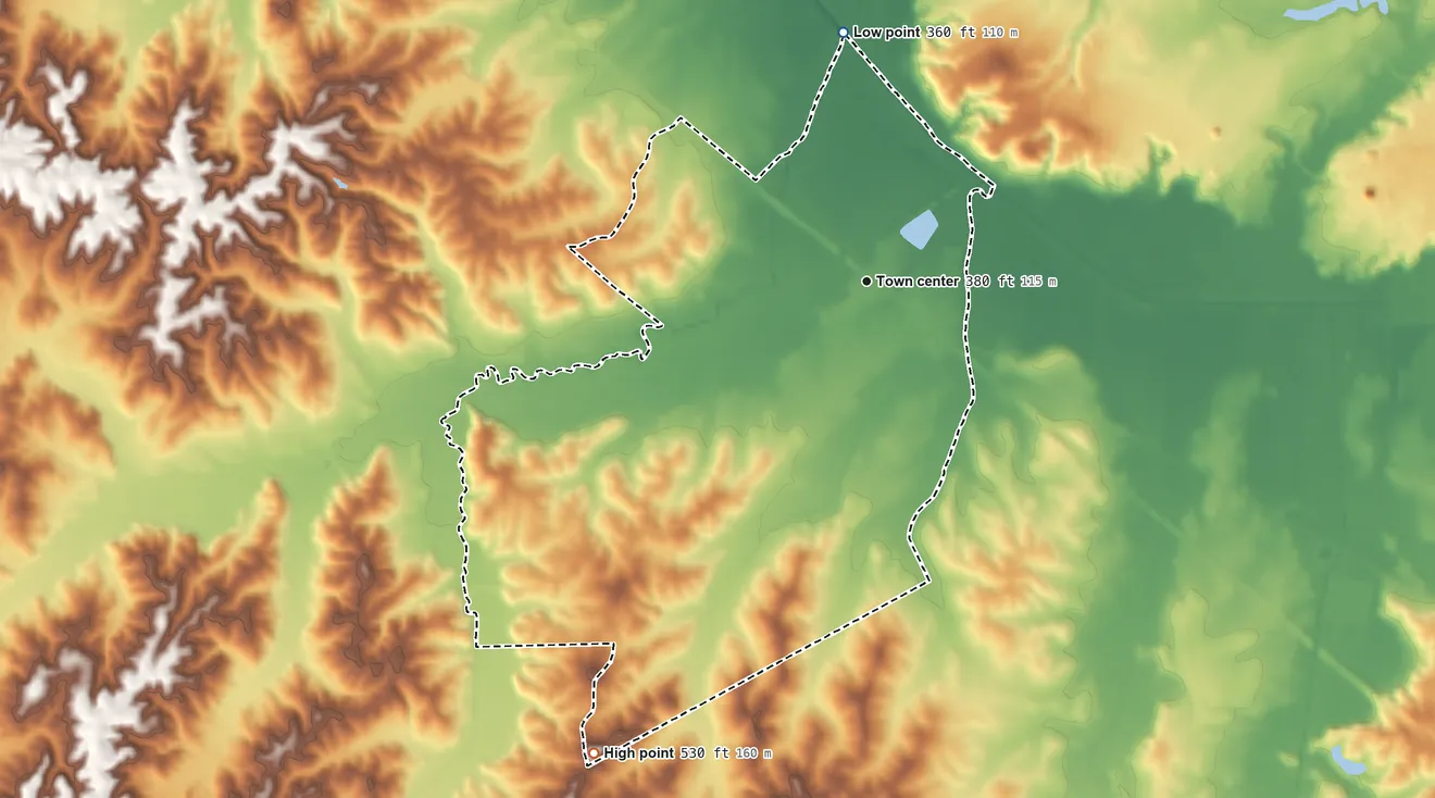 Topographic elevation map of Pinson, Tennessee, shaded from 360 ft on the north side to 530 ft on the southwest side