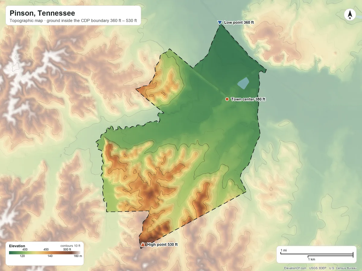 Topographic elevation map of Pinson, Tennessee, shaded from 360 ft on the north side to 530 ft on the southwest side