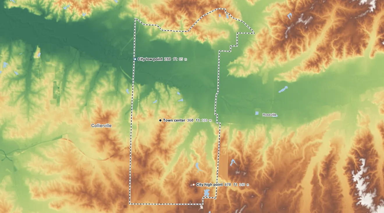 Topographic elevation map of Piperton, Tennessee, shaded from 280 ft on the north side to 470 ft on the southeast side