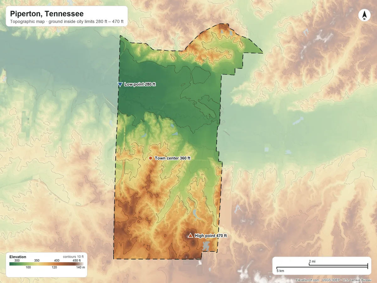 Topographic elevation map of Piperton, Tennessee, shaded from 280 ft on the north side to 470 ft on the southeast side