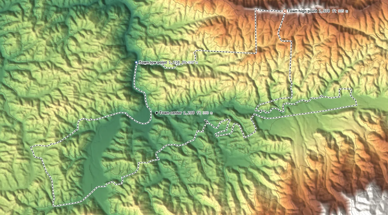 Topographic elevation map of Pittman Center, Tennessee, shaded from 1,210 ft on the north side to 2,970 ft on the northeast side
