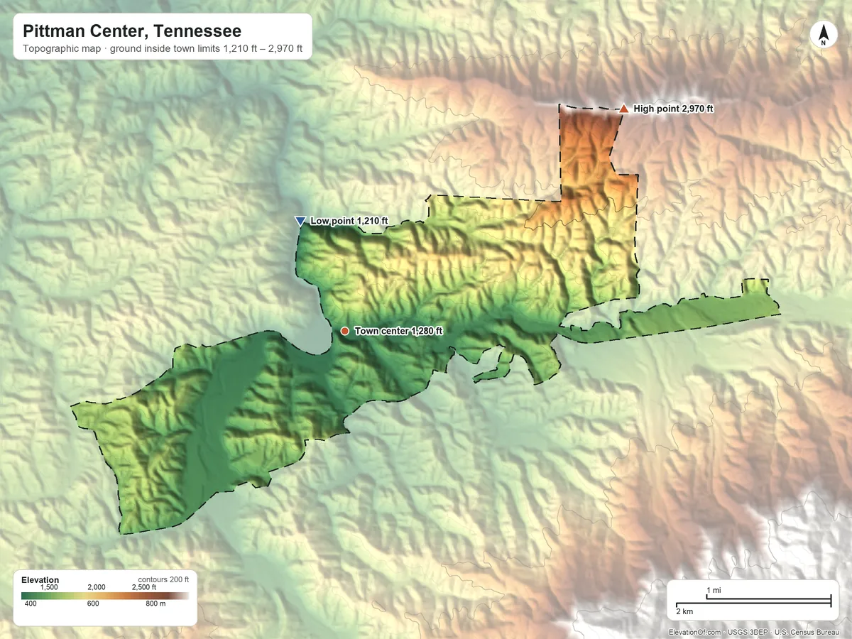 Topographic elevation map of Pittman Center, Tennessee, shaded from 1,210 ft on the north side to 2,970 ft on the northeast side
