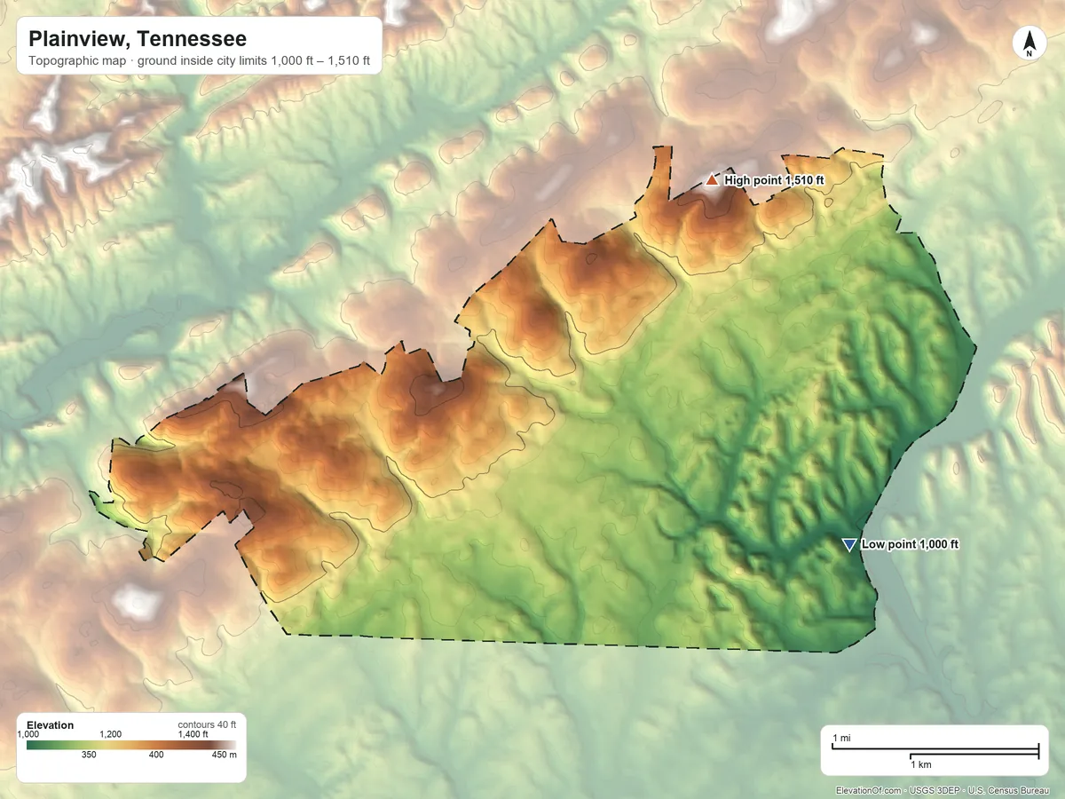 Topographic elevation map of Plainview, Tennessee, shaded from 1,000 ft on the east side to 1,510 ft on the northeast side