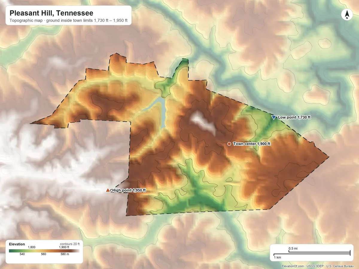 Topographic elevation map of Pleasant Hill, Tennessee, shaded from 1,730 ft on the northeast side to 1,950 ft on the west side