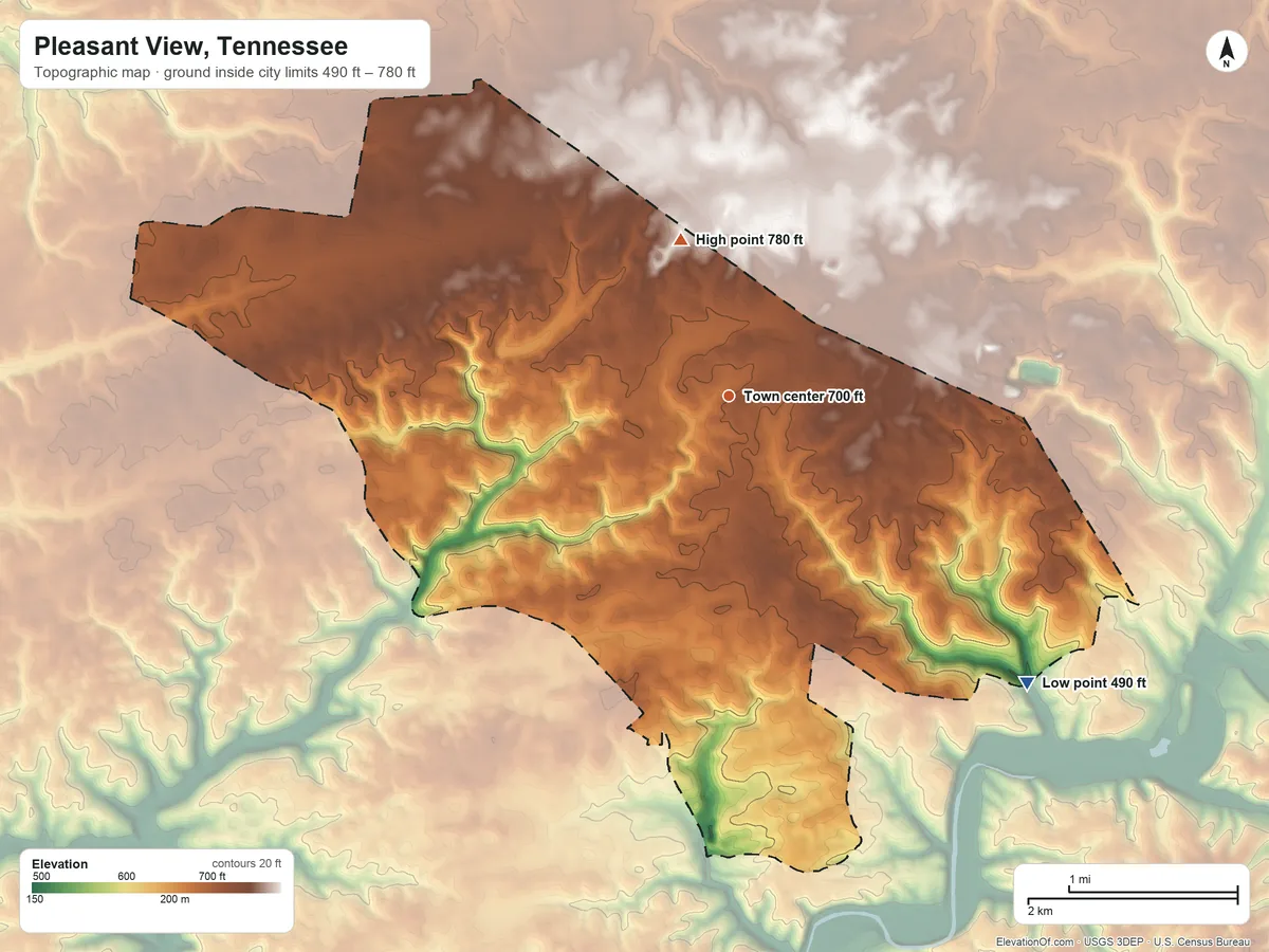 Topographic elevation map of Pleasant View, Tennessee, shaded from 490 ft on the southeast side to 780 ft on the north side