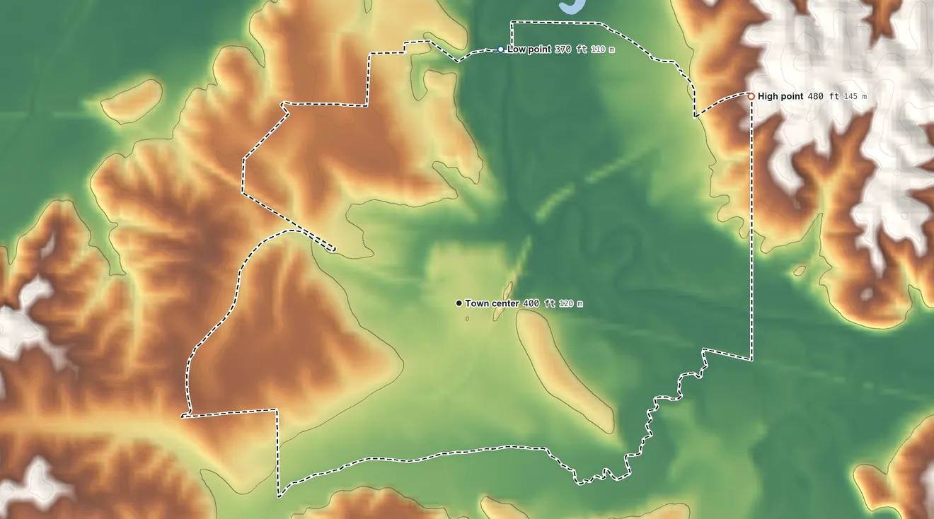 Topographic elevation map of Pocahontas, Tennessee, shaded from 370 ft on the north side to 480 ft on the northeast side