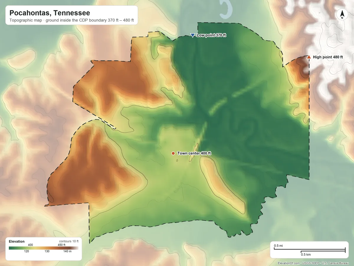 Topographic elevation map of Pocahontas, Tennessee, shaded from 370 ft on the north side to 480 ft on the northeast side