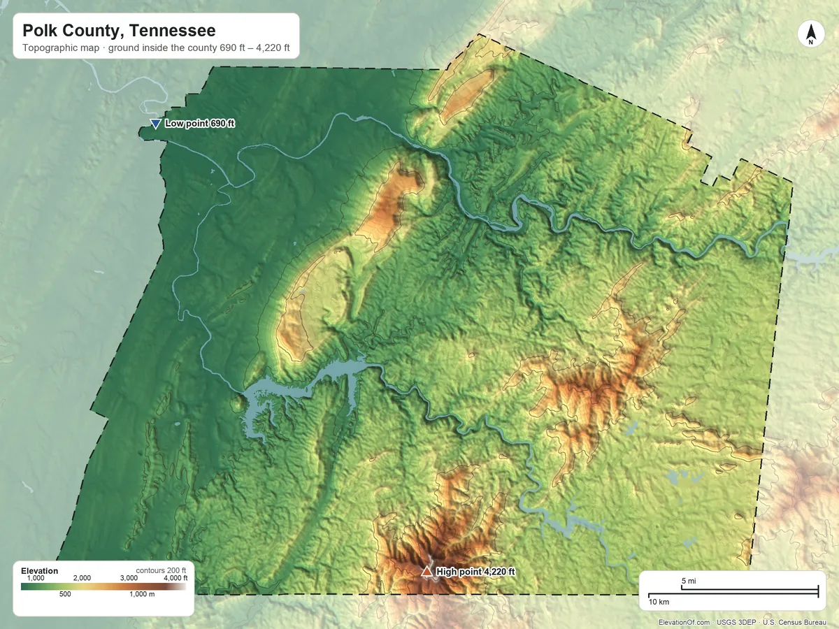 Topographic elevation map of Polk County, Tennessee, shaded from 690 ft on the northwest side to 4,220 ft on Big Frog Mountain