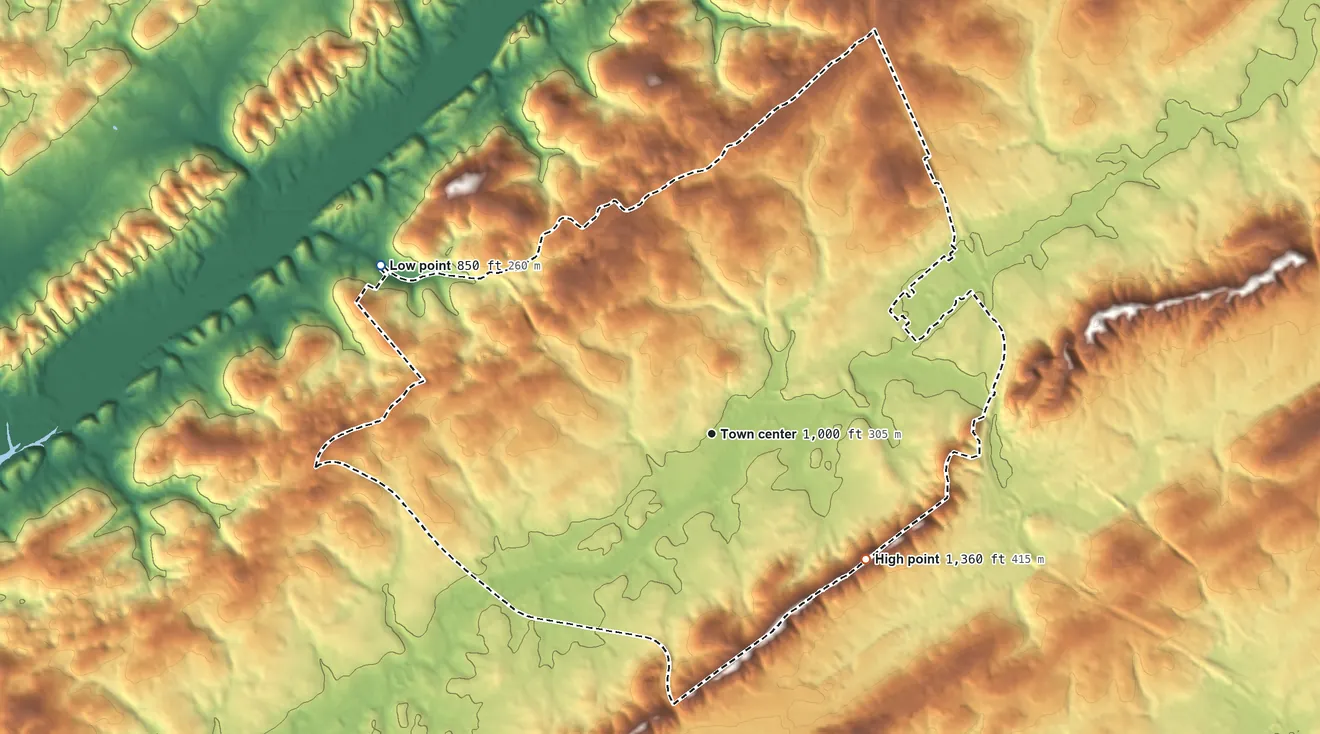 Topographic elevation map of Powell, Tennessee, shaded from 850 ft on the northwest side to 1,360 ft on the southeast side