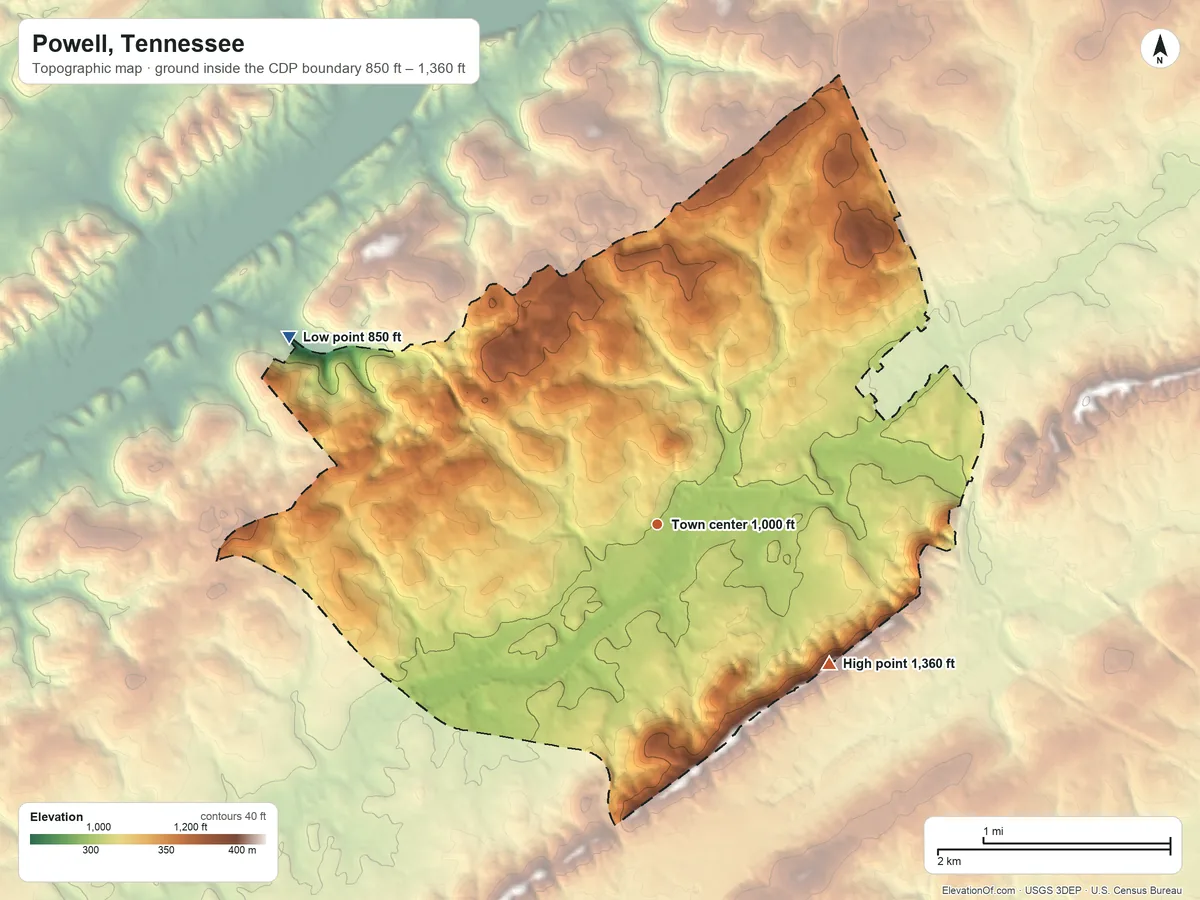 Topographic elevation map of Powell, Tennessee, shaded from 850 ft on the northwest side to 1,360 ft on the southeast side