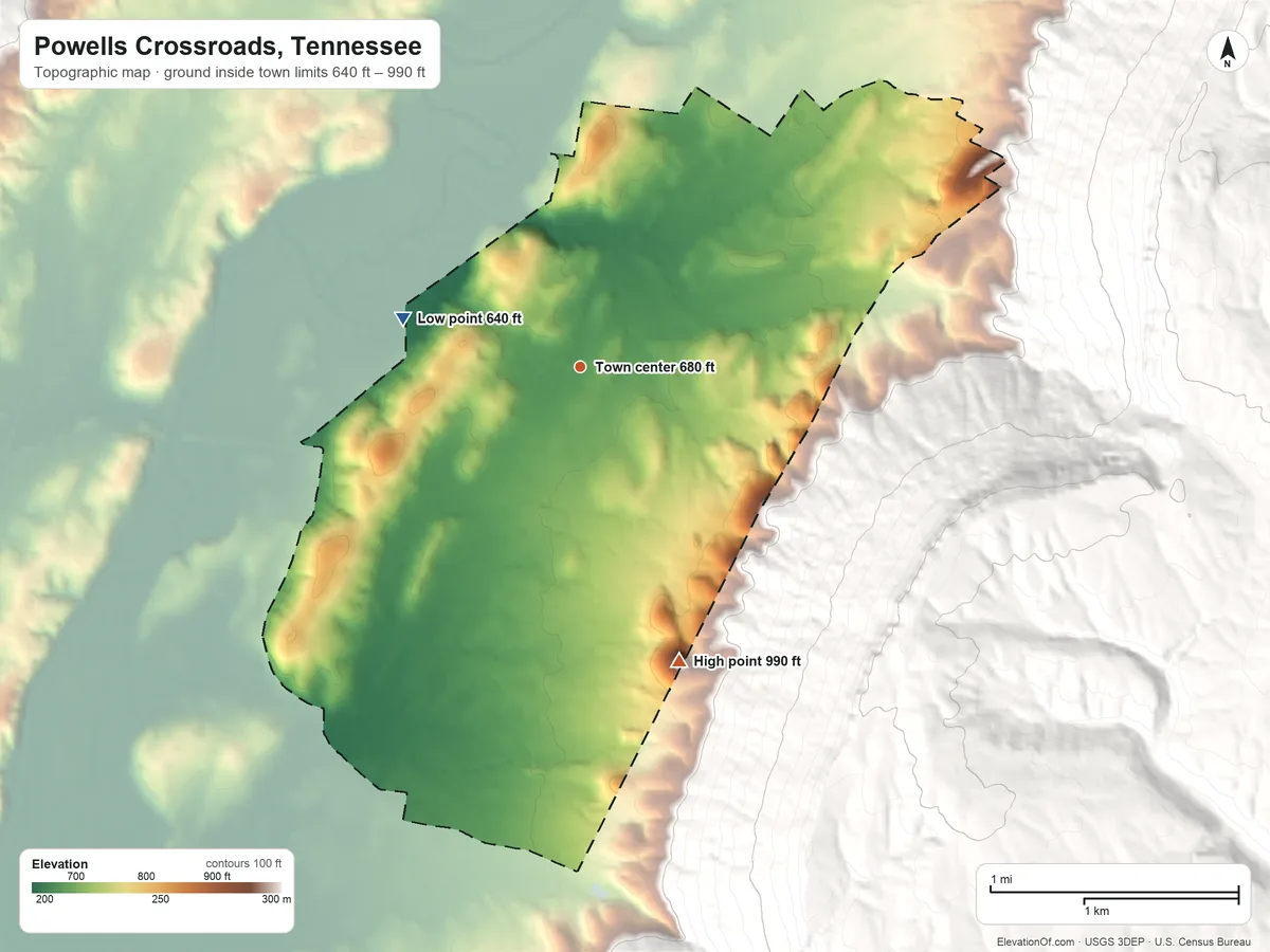 Topographic elevation map of Powells Crossroads, Tennessee, shaded from 640 ft on the west side to 990 ft on the south edge, below higher ground just outside