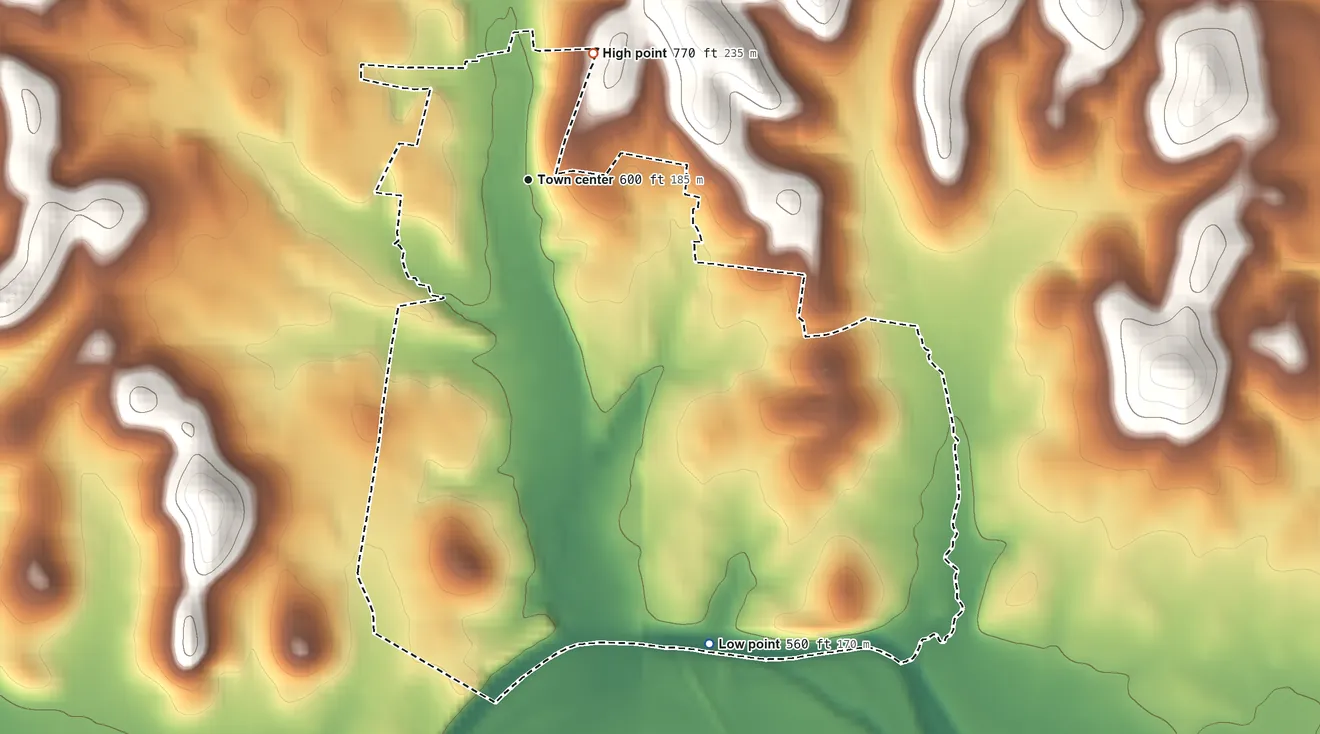 Topographic elevation map of Prospect, Tennessee, shaded from 560 ft on the south side to 770 ft on the northeast side