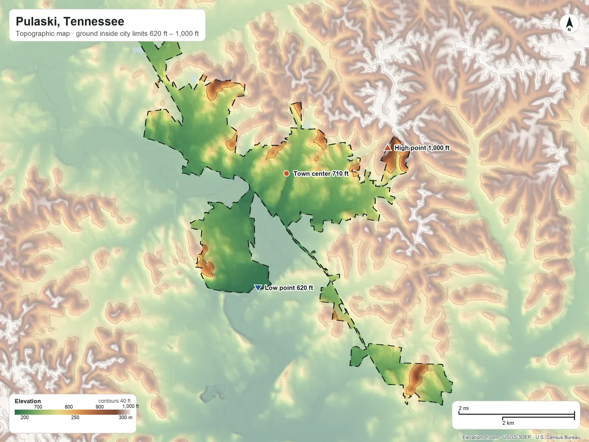 Topographic elevation map of Pulaski, Tennessee, shaded from 620 ft on the south side to 1,000 ft on the east side