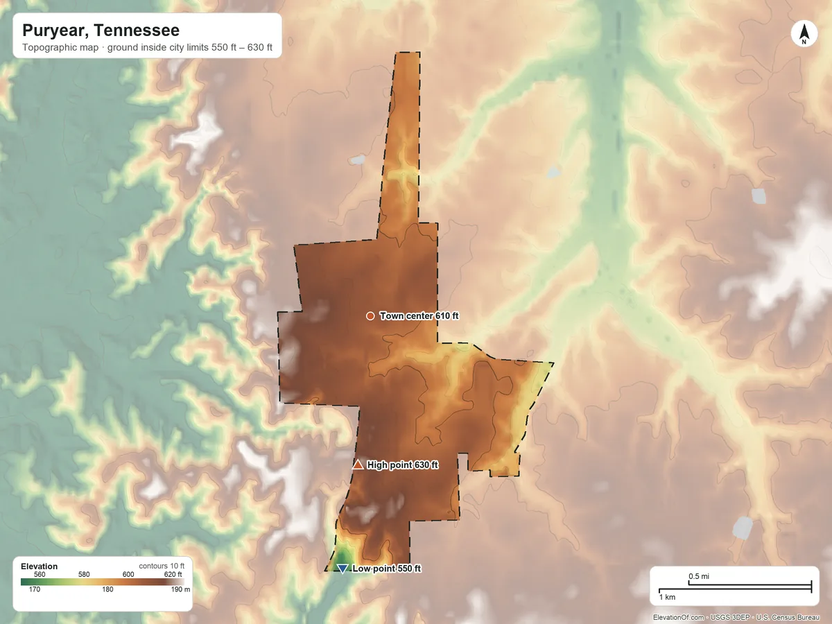 Topographic elevation map of Puryear, Tennessee, shaded from 550 ft on the south side to 630 ft on the south side