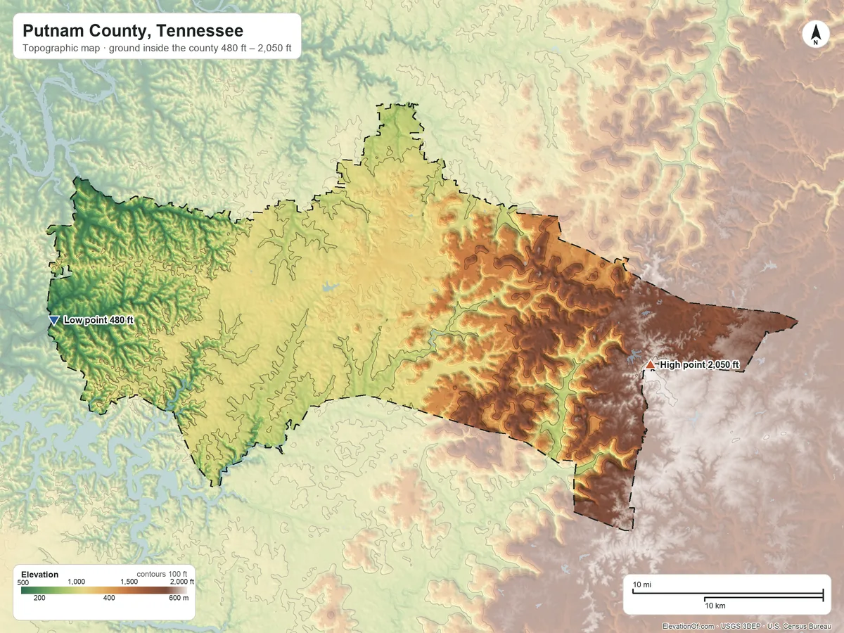Topographic elevation map of Putnam County, Tennessee, shaded from 480 ft on the west side to 2,050 ft on the east side