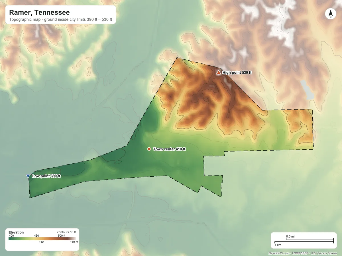 Topographic elevation map of Ramer, Tennessee, shaded from 390 ft on the west side to 530 ft on the northeast side