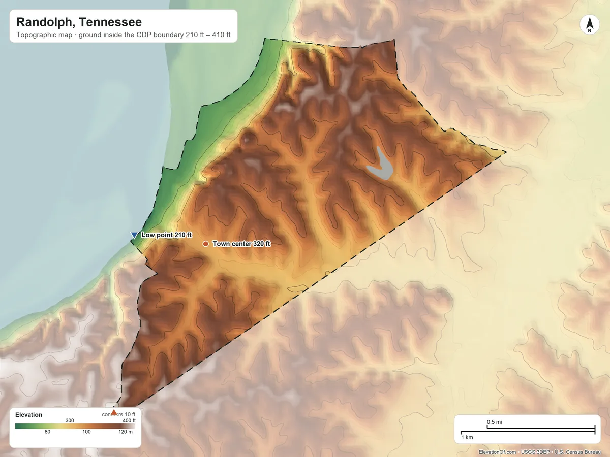 Topographic elevation map of Randolph, Tennessee, shaded from 210 ft on the west side to 410 ft on the southwest side