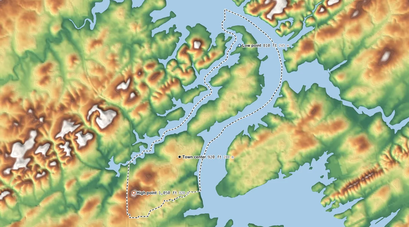 Topographic elevation map of Rarity Bay, Tennessee, shaded from 810 ft on the northeast side to 1,050 ft on the southwest side