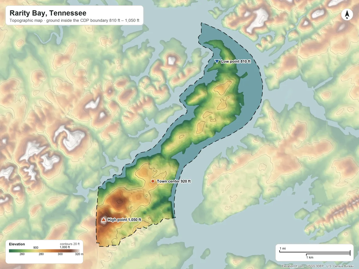 Topographic elevation map of Rarity Bay, Tennessee, shaded from 810 ft on the northeast side to 1,050 ft on the southwest side