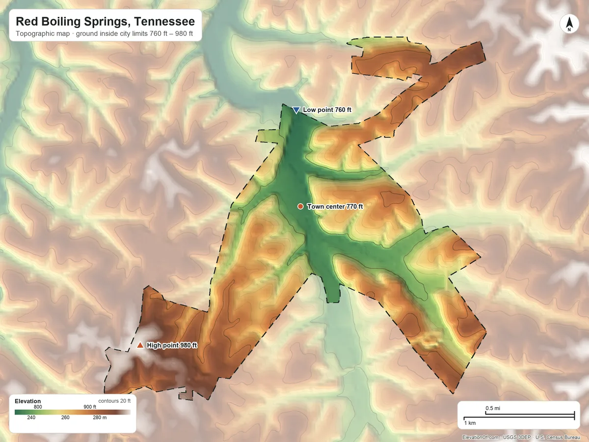 Topographic elevation map of Red Boiling Springs, Tennessee, shaded from 760 ft on the north side to 980 ft on the southwest side