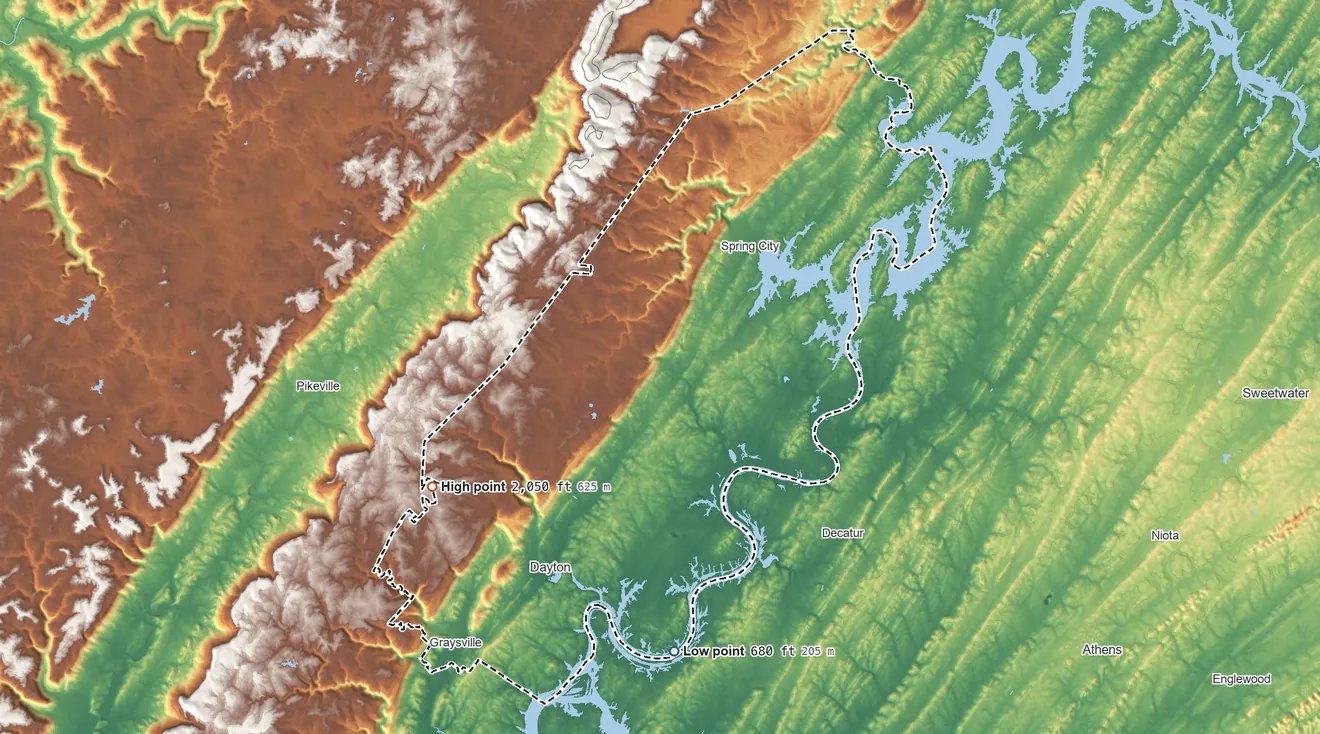 Topographic elevation map of Rhea County, Tennessee, shaded from 680 ft on the south side to 2,050 ft on the southwest side