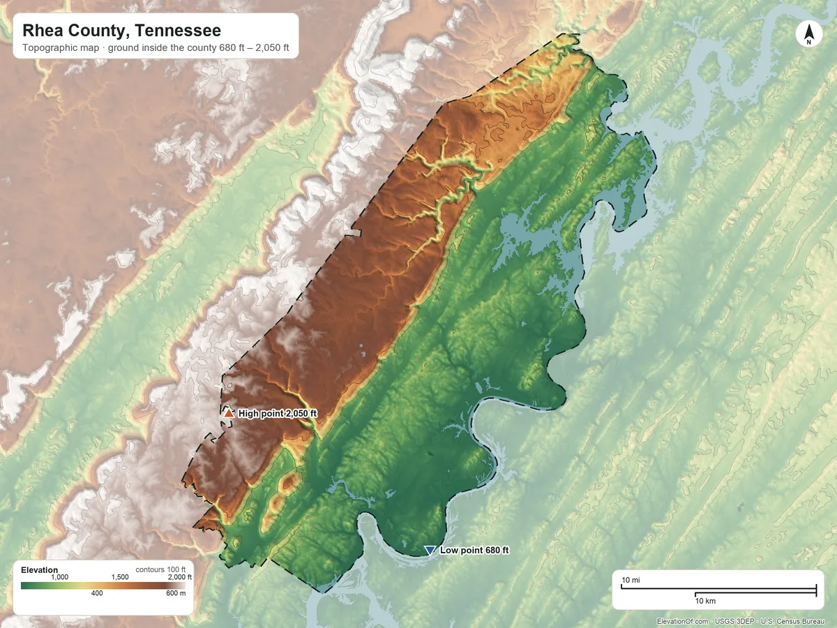 Topographic elevation map of Rhea County, Tennessee, shaded from 680 ft on the south side to 2,050 ft on the southwest side