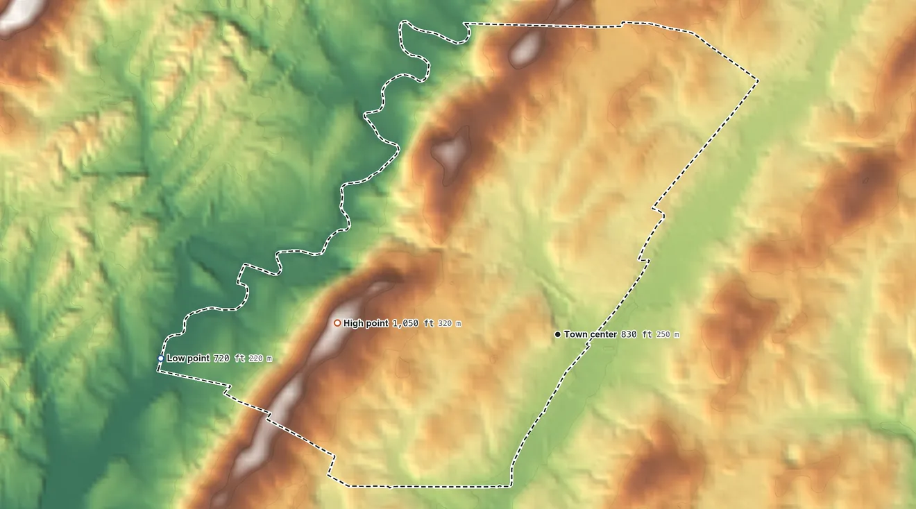 Topographic elevation map of Riceville, Tennessee, shaded from 720 ft on the west side to 1,050 ft on the west side