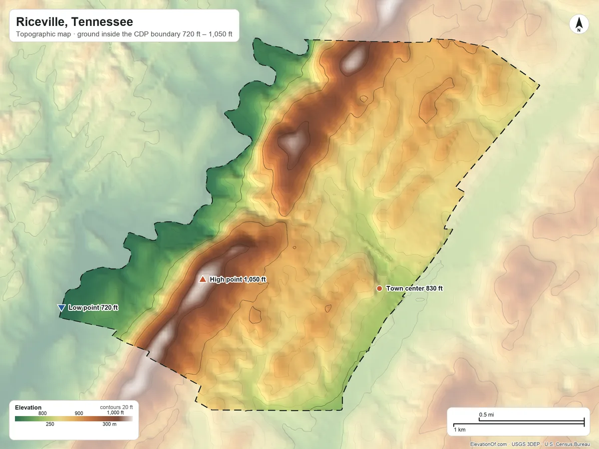 Topographic elevation map of Riceville, Tennessee, shaded from 720 ft on the west side to 1,050 ft on the west side