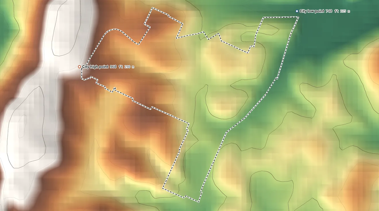 Topographic elevation map of Ridgeside, Tennessee, shaded from 740 ft on the northeast side to 960 ft on the west side