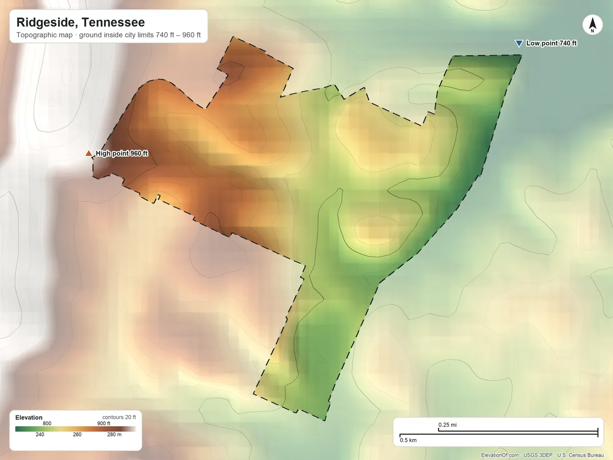 Topographic elevation map of Ridgeside, Tennessee, shaded from 740 ft on the northeast side to 960 ft on the west side