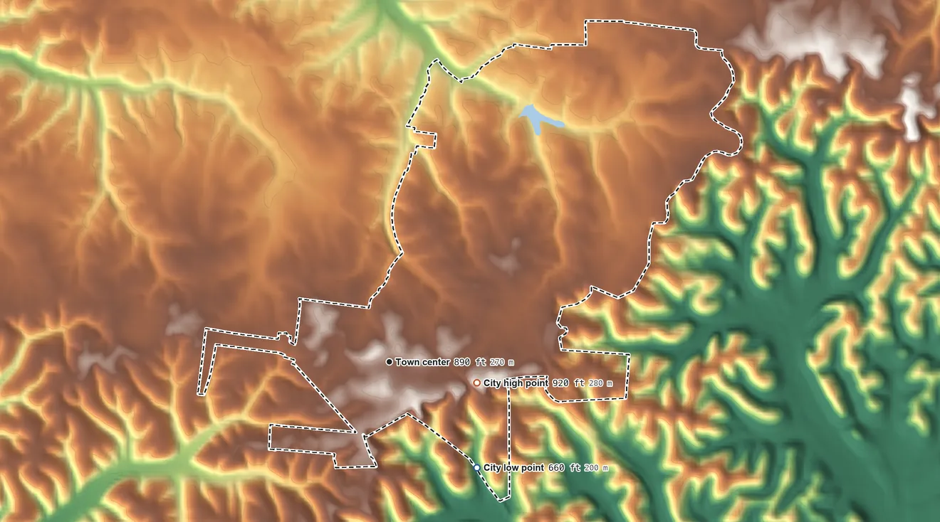 Topographic elevation map of Ridgetop, Tennessee, shaded from 660 ft on the southeast side to 920 ft on the east side