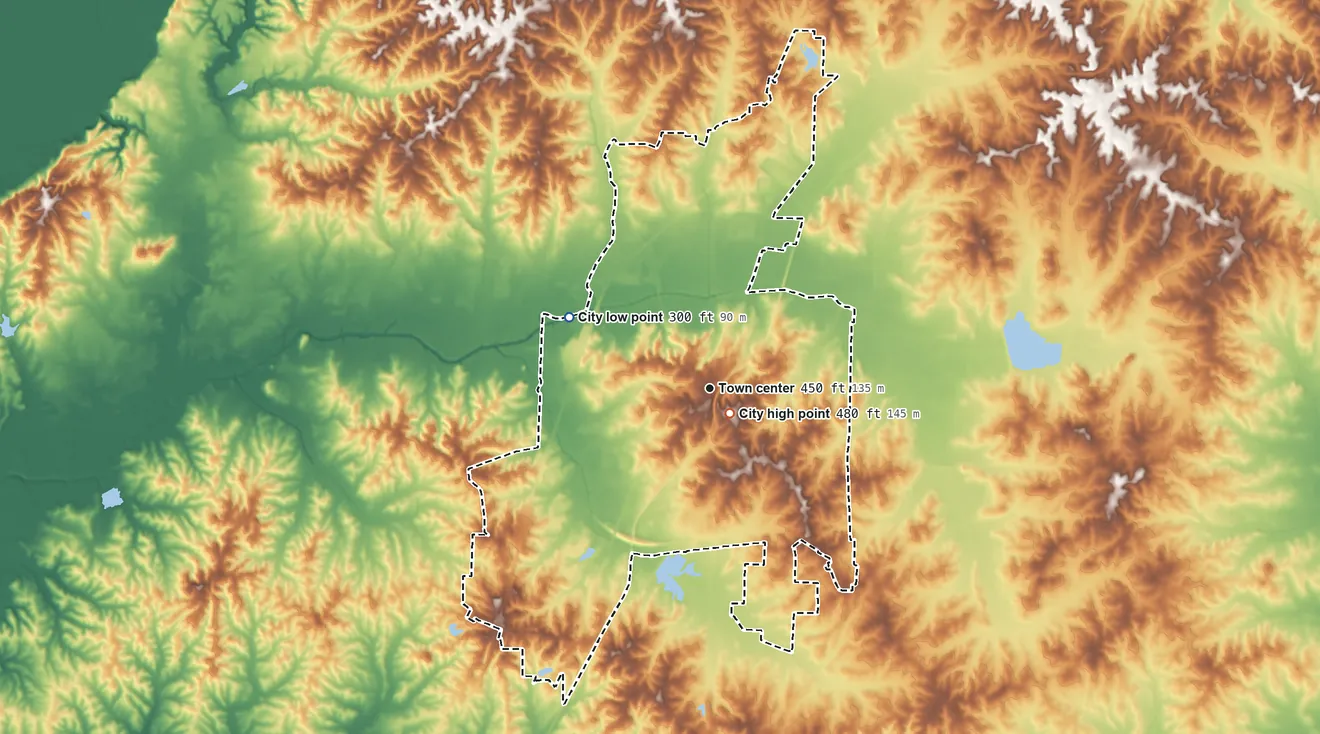 Topographic elevation map of Ripley, Tennessee, shaded from 300 ft on the northwest side to 480 ft near the middle