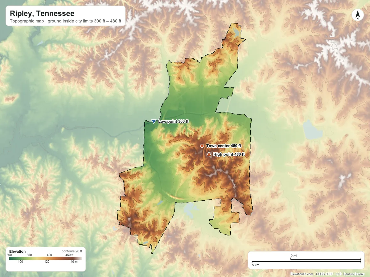 Topographic elevation map of Ripley, Tennessee, shaded from 300 ft on the northwest side to 480 ft near the middle