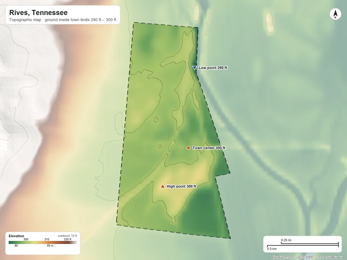 Topographic elevation map of Rives, Tennessee, shaded from 290 ft on the north side to 300 ft on the southwest side