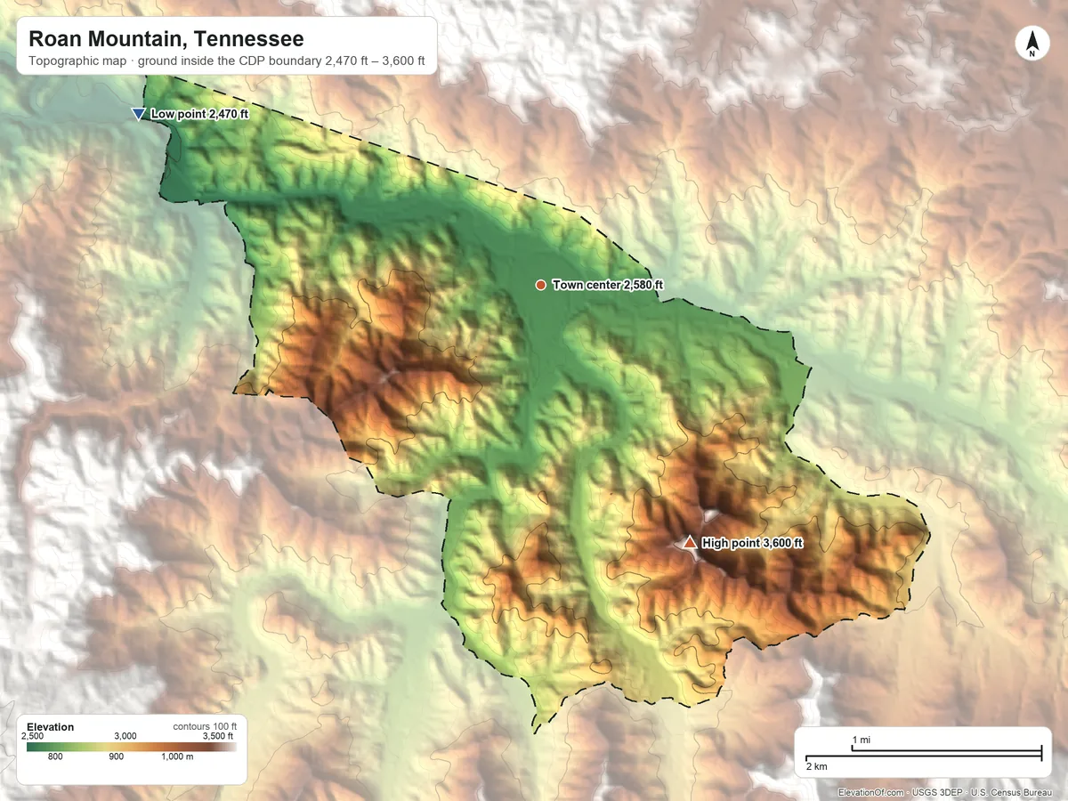 Topographic elevation map of Roan Mountain, Tennessee, shaded from 2,470 ft on the northwest side to 3,600 ft on Heupscup Knobs