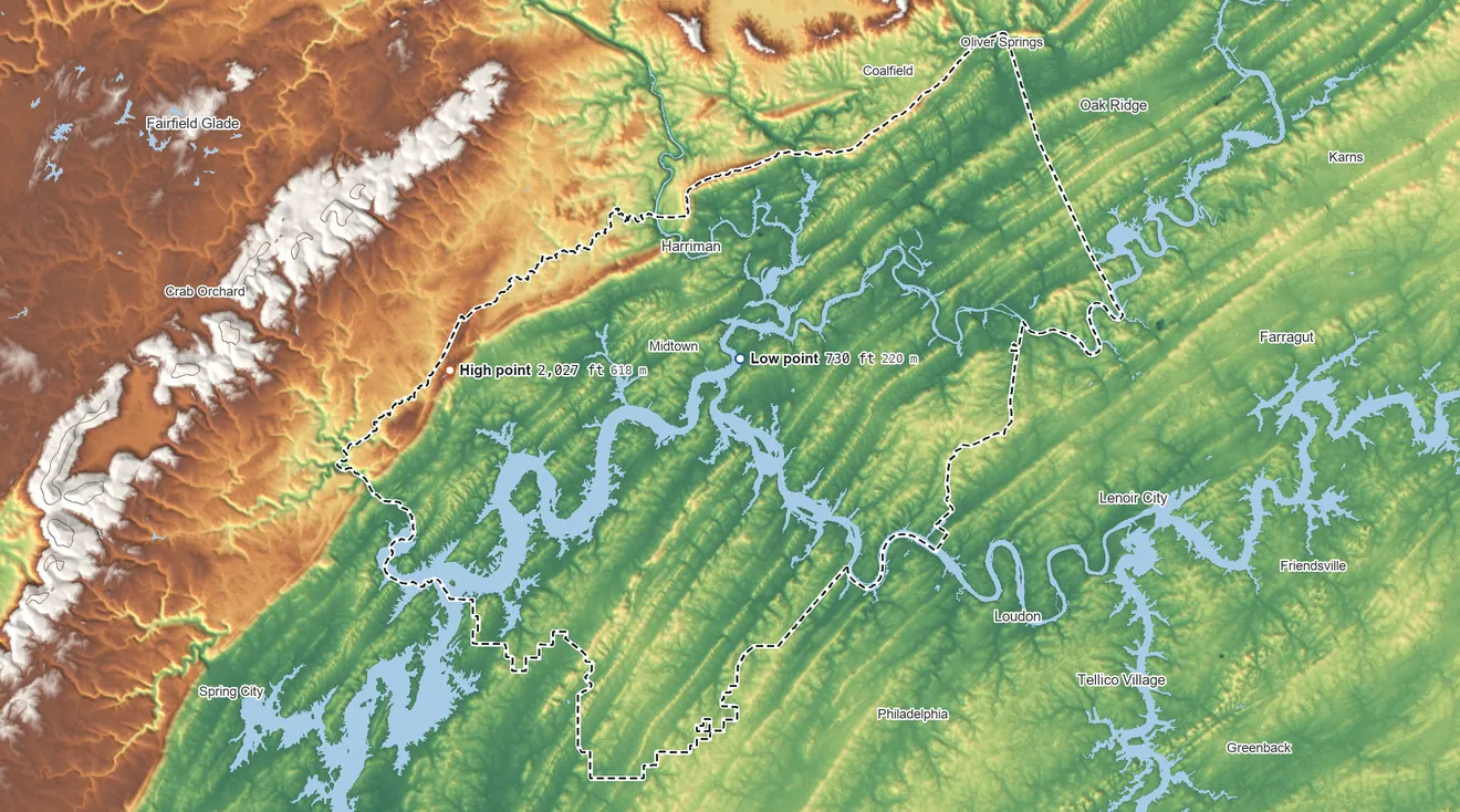 Topographic elevation map of Roane County, Tennessee, shaded from 730 ft near the middle to 2,027 ft on Mount Roosevelt