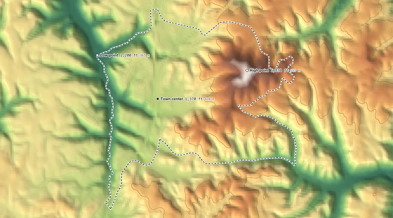 Topographic elevation map of Robbins, Tennessee, shaded from 1,200 ft on the northwest side to 1,825 ft on Big Knob