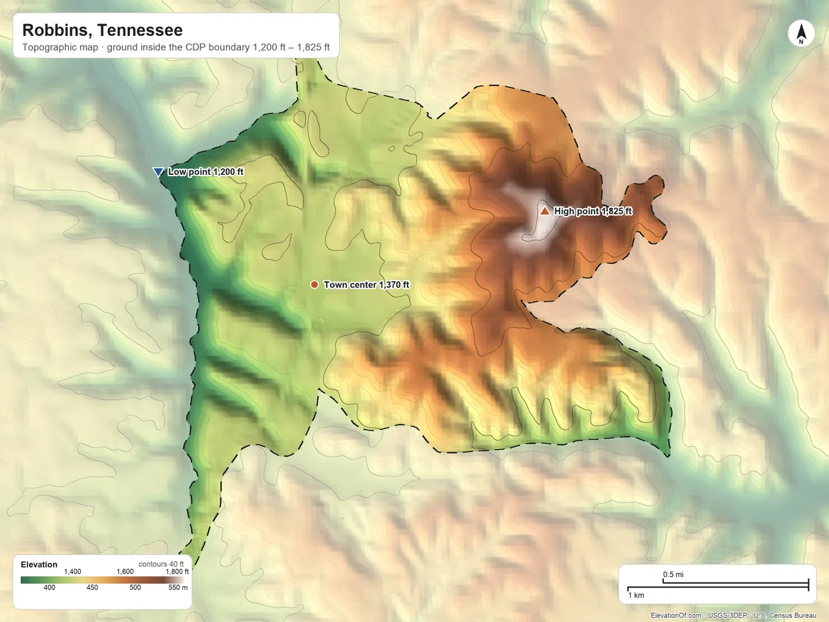 Topographic elevation map of Robbins, Tennessee, shaded from 1,200 ft on the northwest side to 1,825 ft on Big Knob